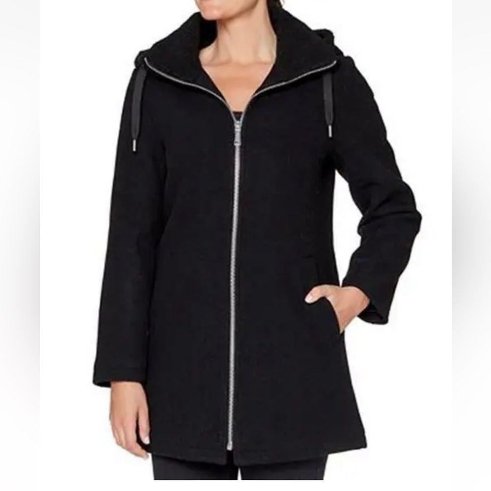 NWT Vince Camuto Wool Black Hood Zip Front Casual Fleece Lined Coat Hood XXS